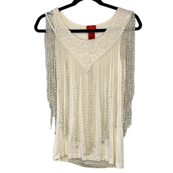 V. Cristina Cream Sleeveless Blouse with Lace and Fringe Detail - Picture 1 of 5